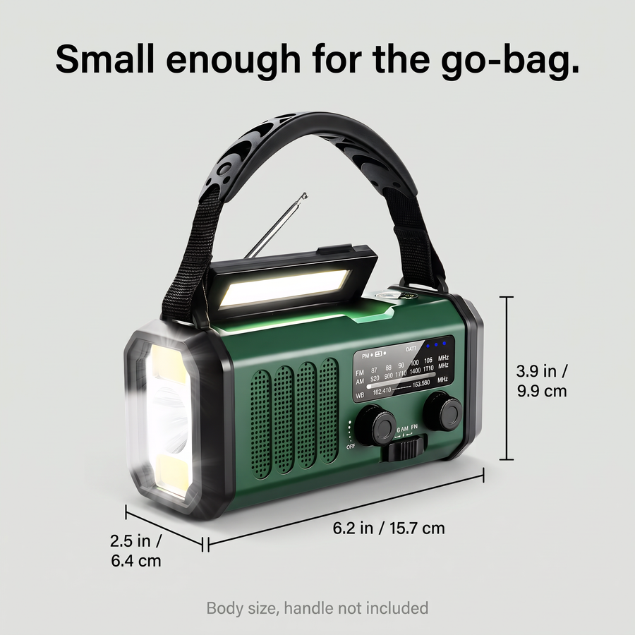 Emergency weather radio size, body 6.2 x 3.9 x 2.5 inches (15.7 x 9.9 x 6.4 cm)