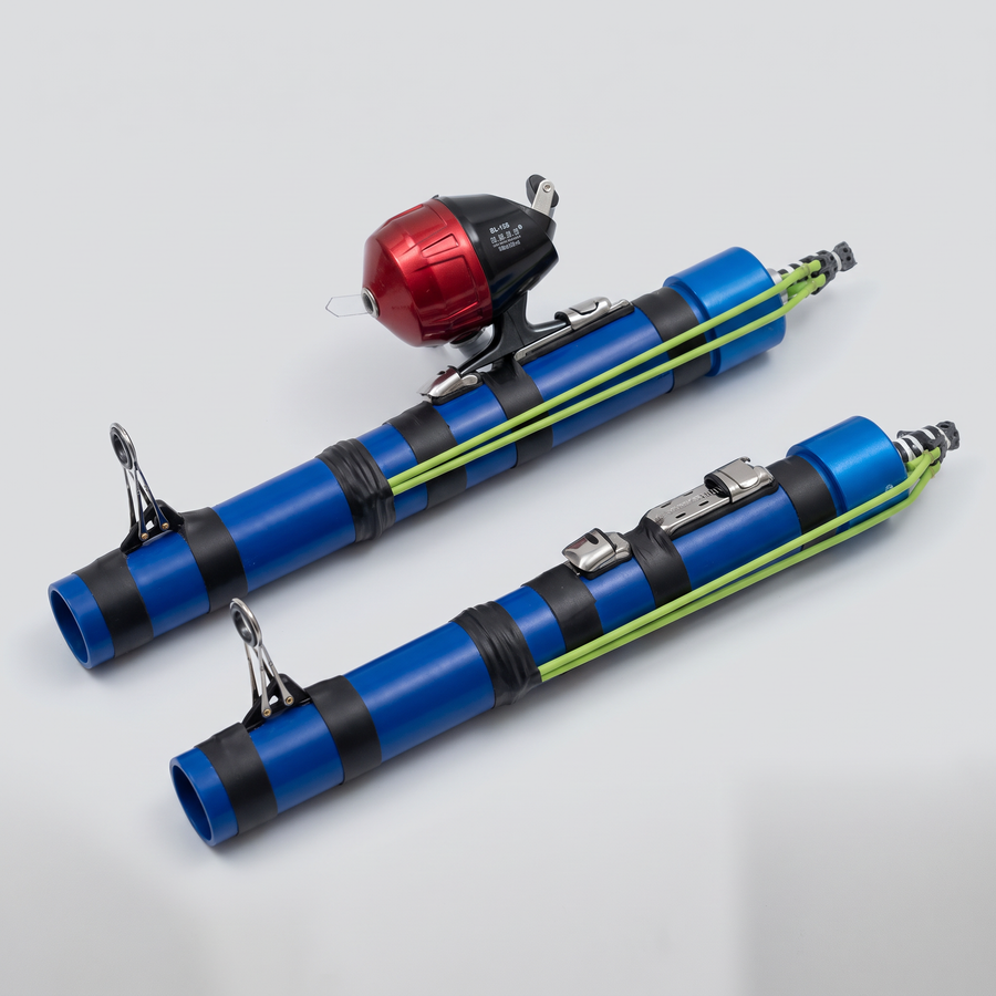 Slingshot fishing rod with reel and the rod only version side by side