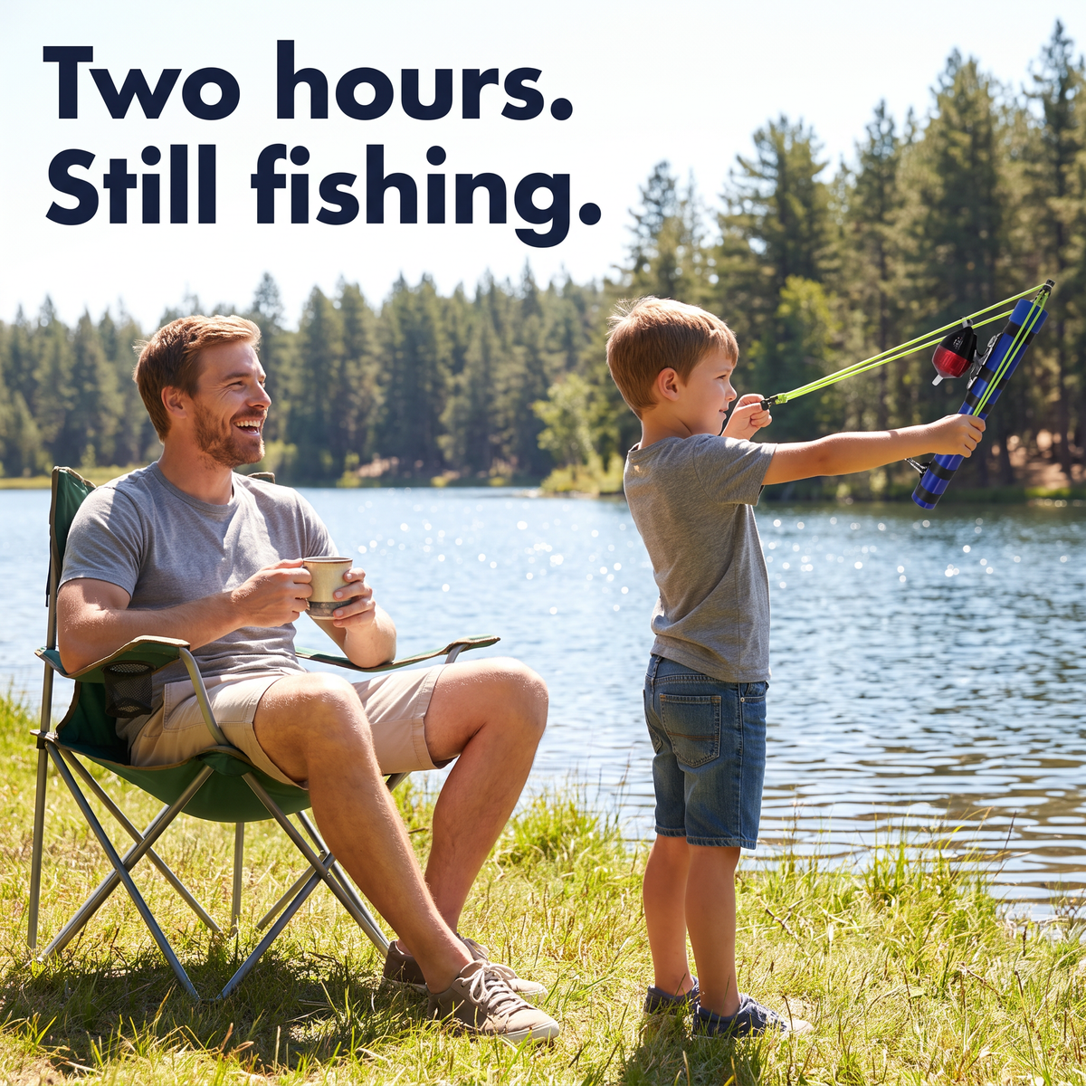 Dad relaxing in a camp chair while his son launches the slingshot fishing rod