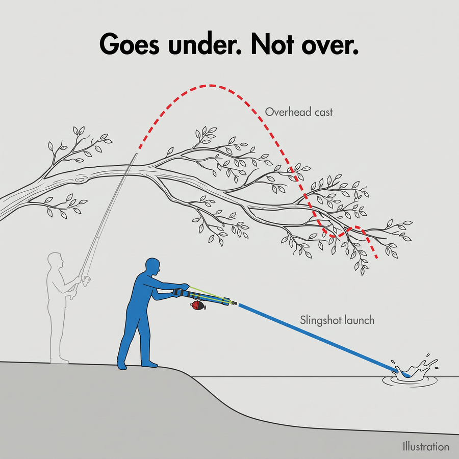 Illustration of the slingshot launch going under a branch where an overhead cast gets caught
