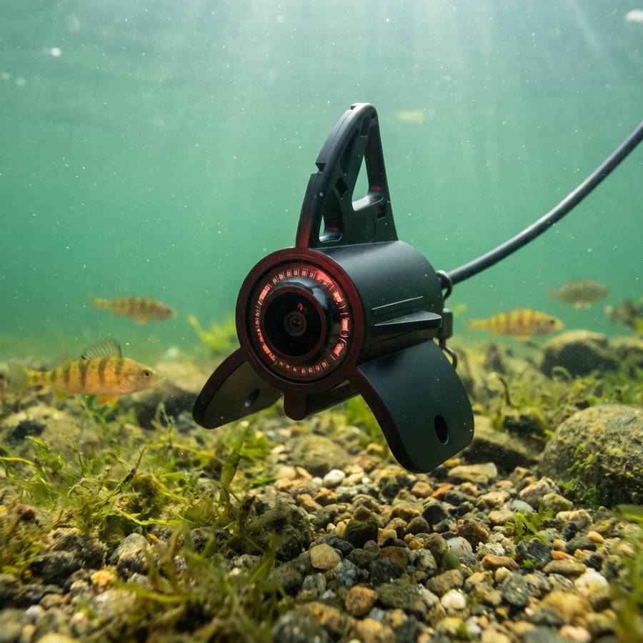 Underwater fishing camera head in the water with perch behind it