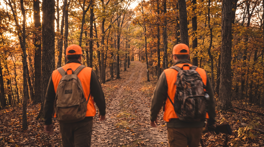 Hunter in blaze orange on a whitetail ridge trail in autumn