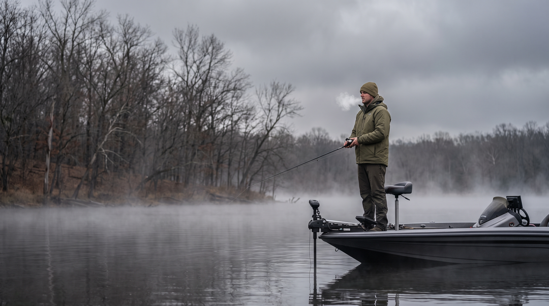 Cold October morning bass fishing on a misty US lake