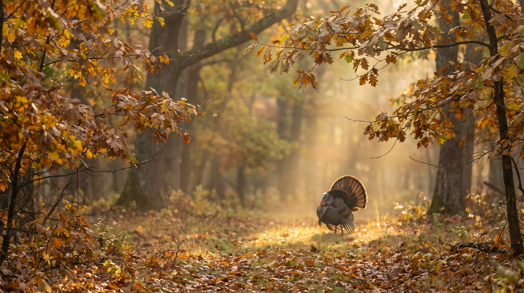 Fall turkey in an autumn hardwood forest at dawn