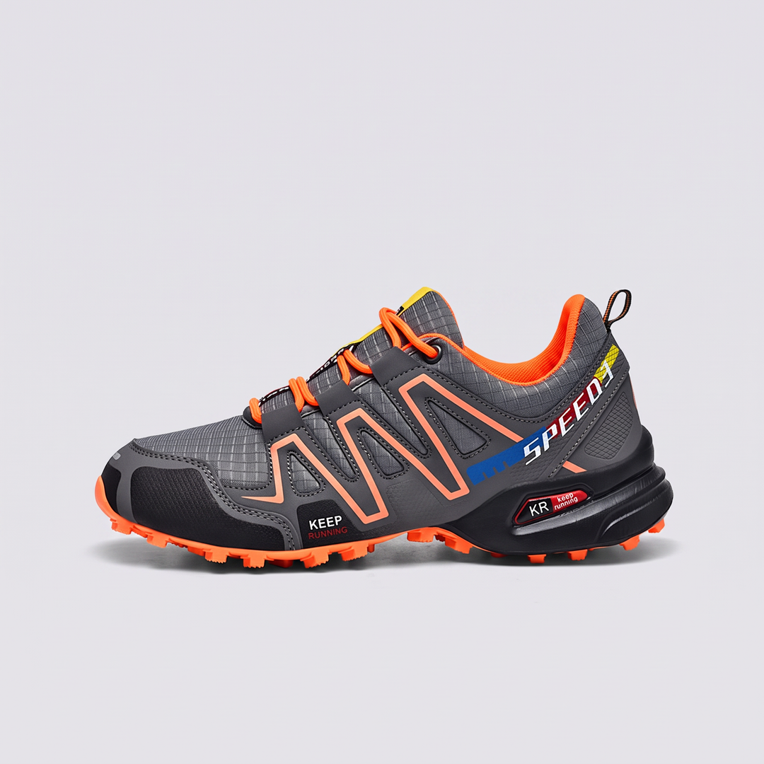 Men's trail running shoes in gray and orange - Activearo lateral view