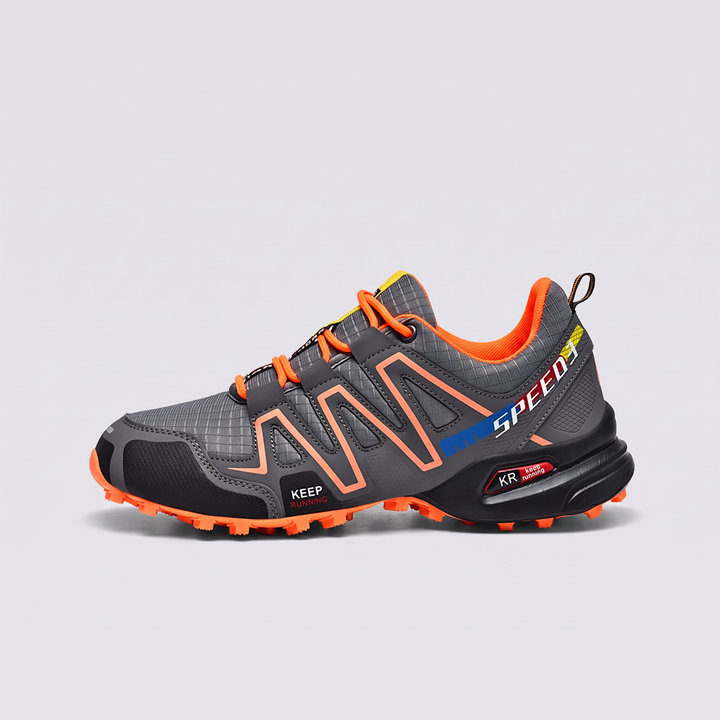 Men's trail running shoes in gray and orange - Activearo lateral view