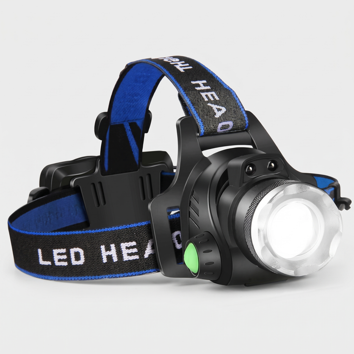 Rechargeable LED headlamp with zoom lamp head and elastic headband, front view