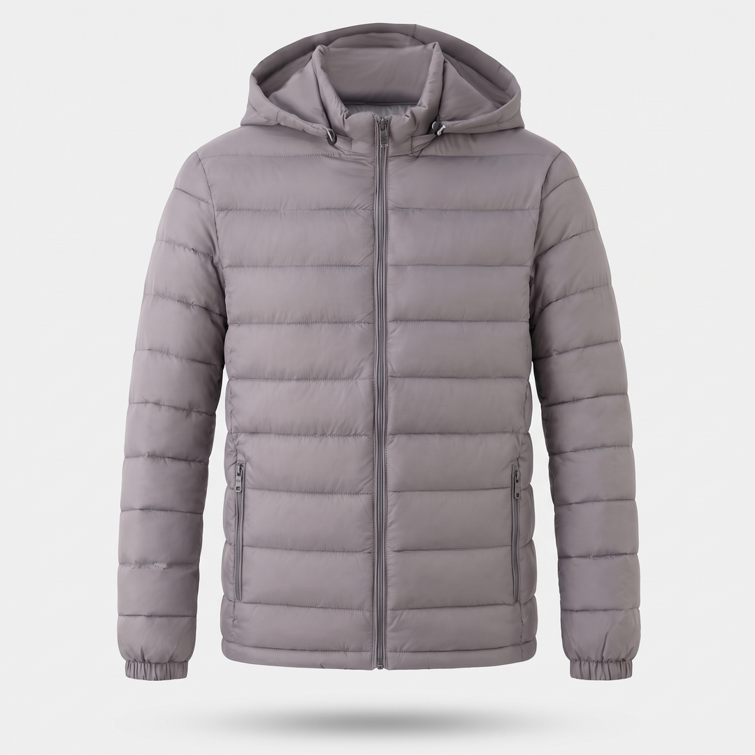 Men's hooded puffer jacket in Gray, front view