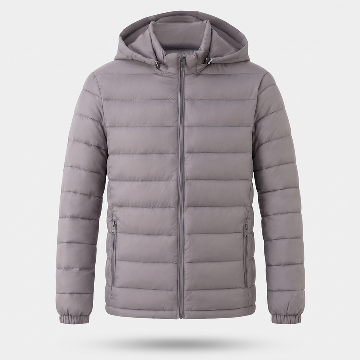 Men's hooded puffer jacket in Gray, front view