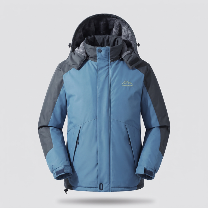 Men's winter jacket in Sky Blue, front view with the hood up