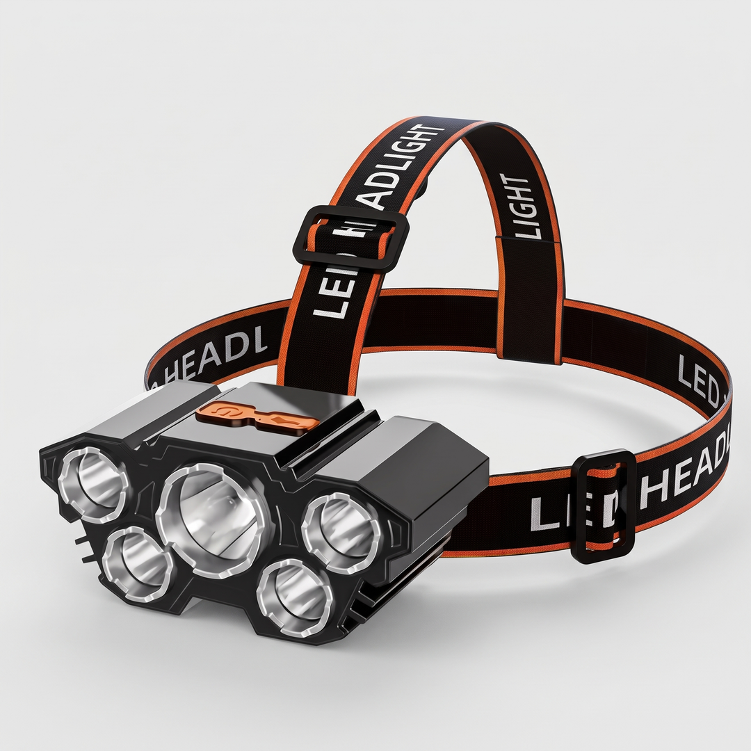 Rechargeable LED headlamp with a five-LED lamp head and printed elastic headband with top strap