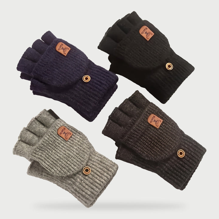 Cashmere fingerless gloves with fold back mitten flap in Black, Navy, Light Gray and Deep Gray