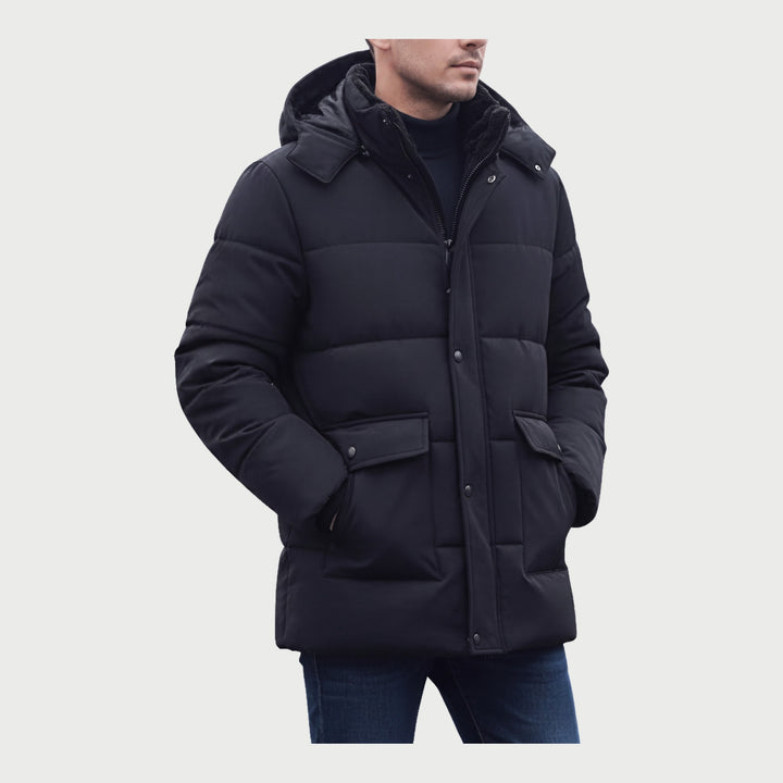 Men's winter jacket in black with hood snap storm flap and flap pockets