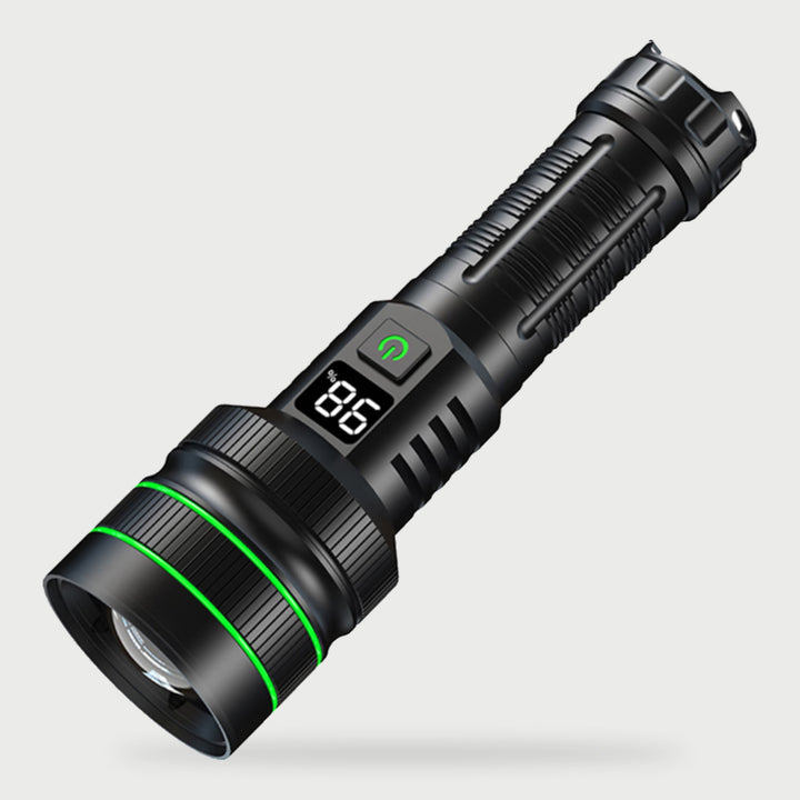 Rechargeable zoom flashlight with power bank and battery display in black