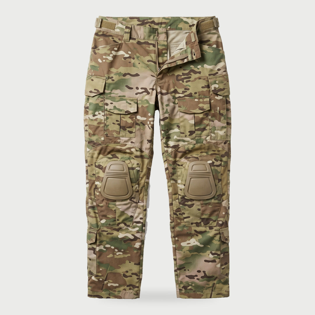 Men's camo combat pants with removable knee pads, front view