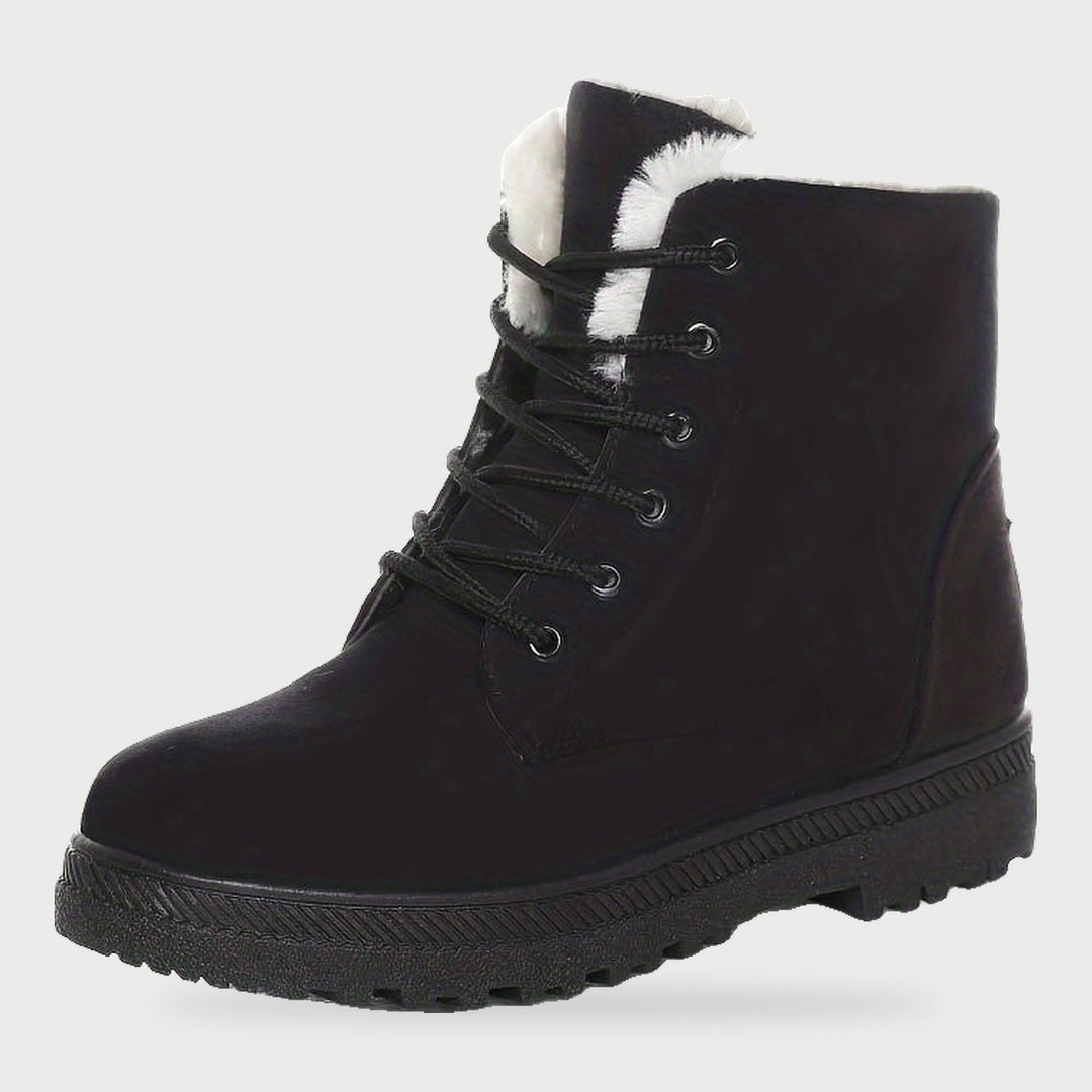 Women's short snow boots in Black, waterproof plush lined lace up ankle boots