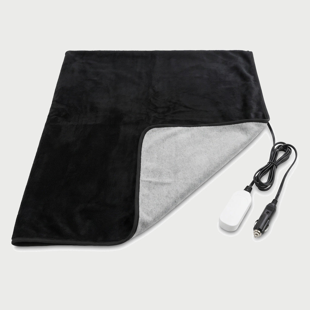Heated car blanket in black plush with 12V cigarette lighter plug and controller