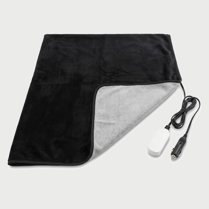Heated car blanket in black plush with 12V cigarette lighter plug and controller