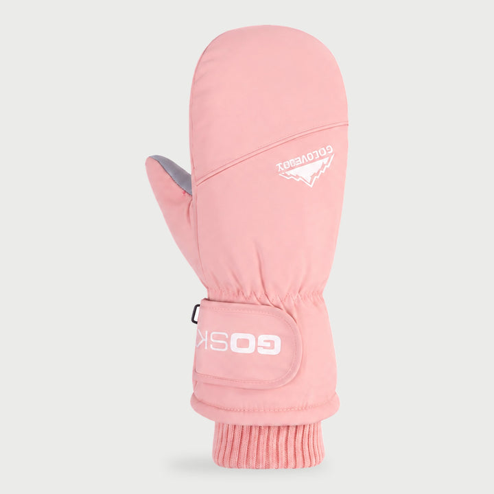 Women's ski mitten in Pink with ribbed knit cuff and wrist strap