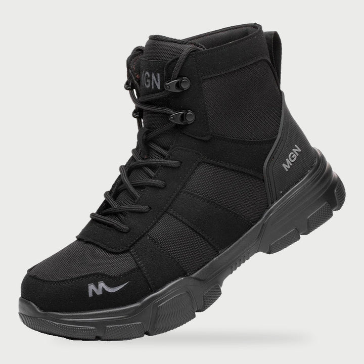 High top steel toe tactical work boot for men in Black
