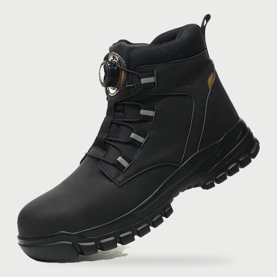 Waterproof steel toe work boot for men with rotary dial in Black