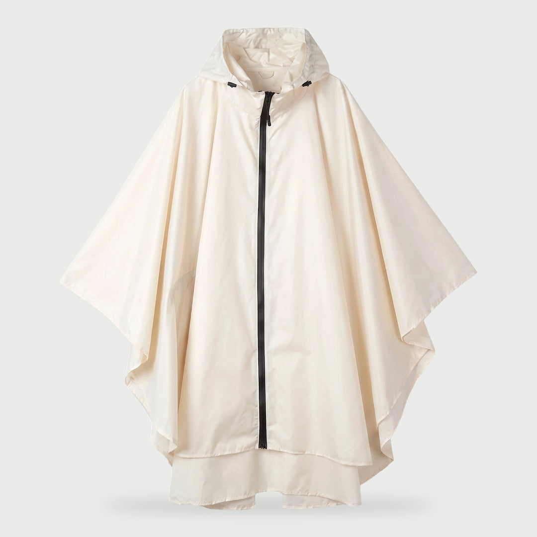 Women's rain poncho packable hooded rain cape in Off White with front zip