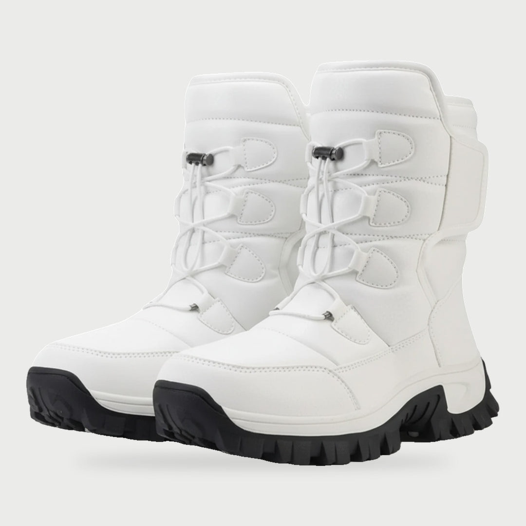 Warm winter boots for women in White, waterproof mid calf snow boots with toggle lace