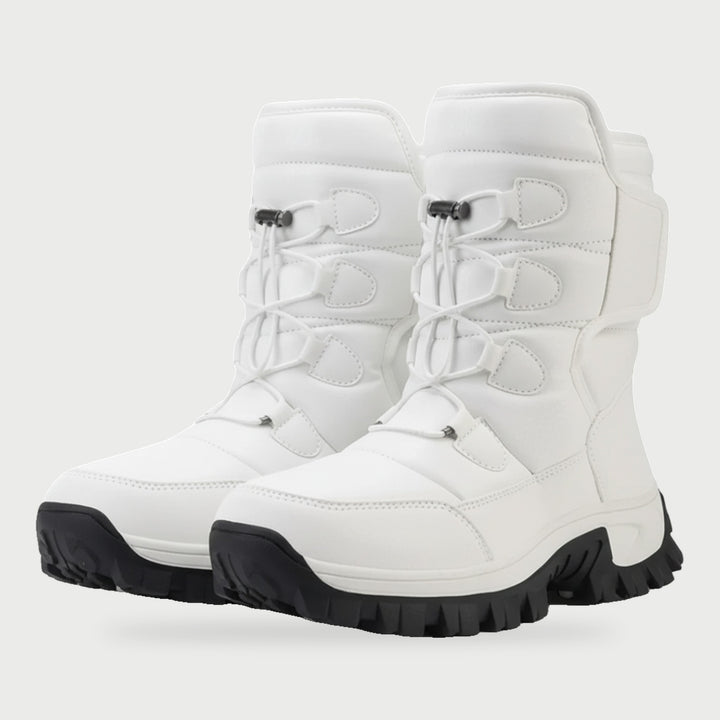 Warm winter boots for women in White, waterproof mid calf snow boots with toggle lace