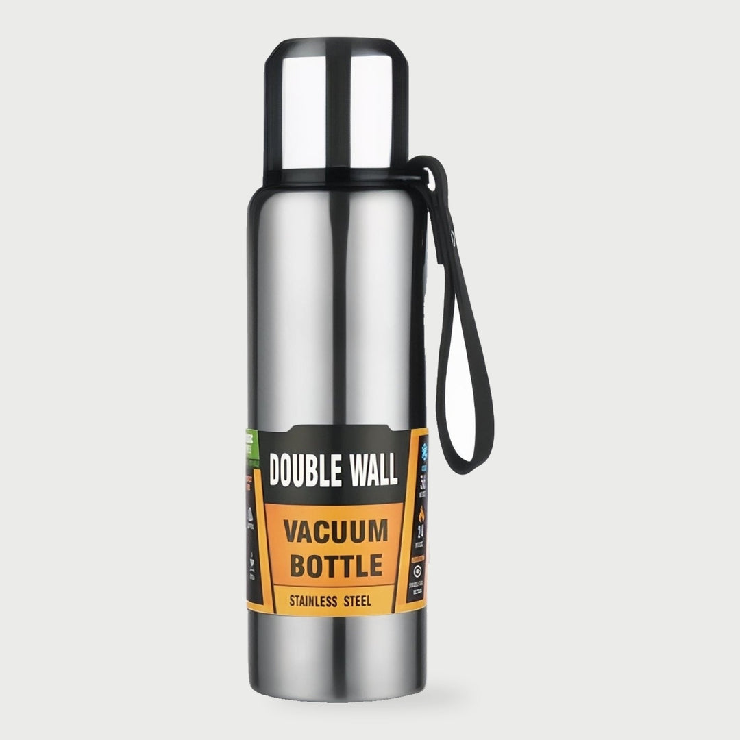 Stainless steel thermos in gray with steel cup lid and carry strap