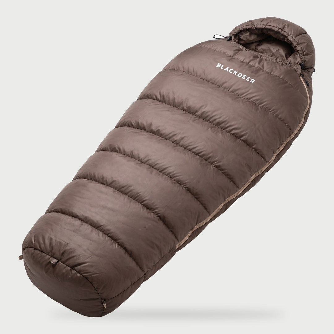 Cold weather sleeping bag in Brown, cotton filled mummy bag with hood