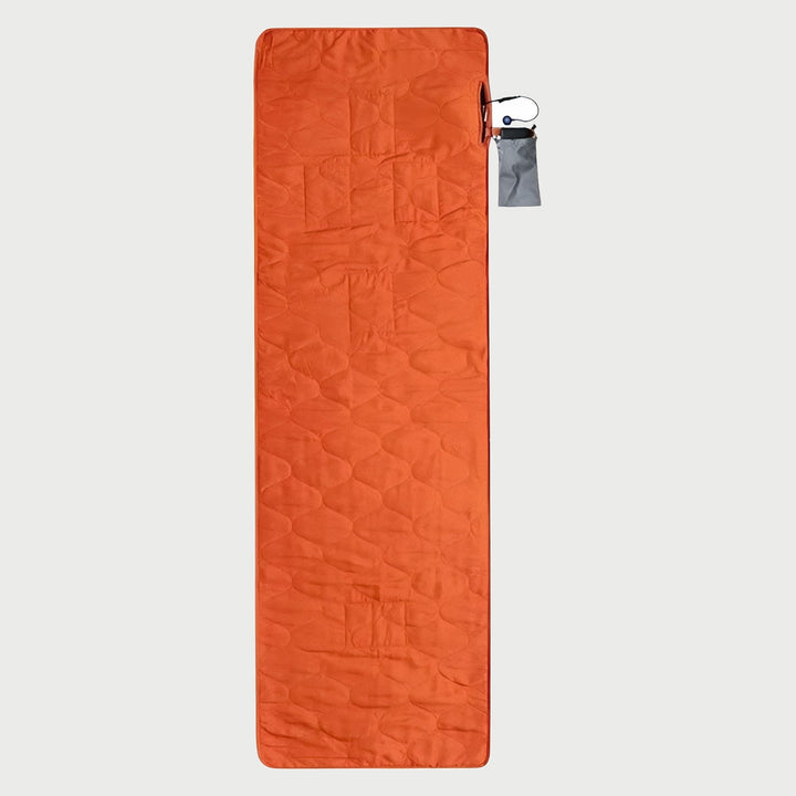 Heated sleeping pad in Neon Orange with the USB power bank pouch on the side