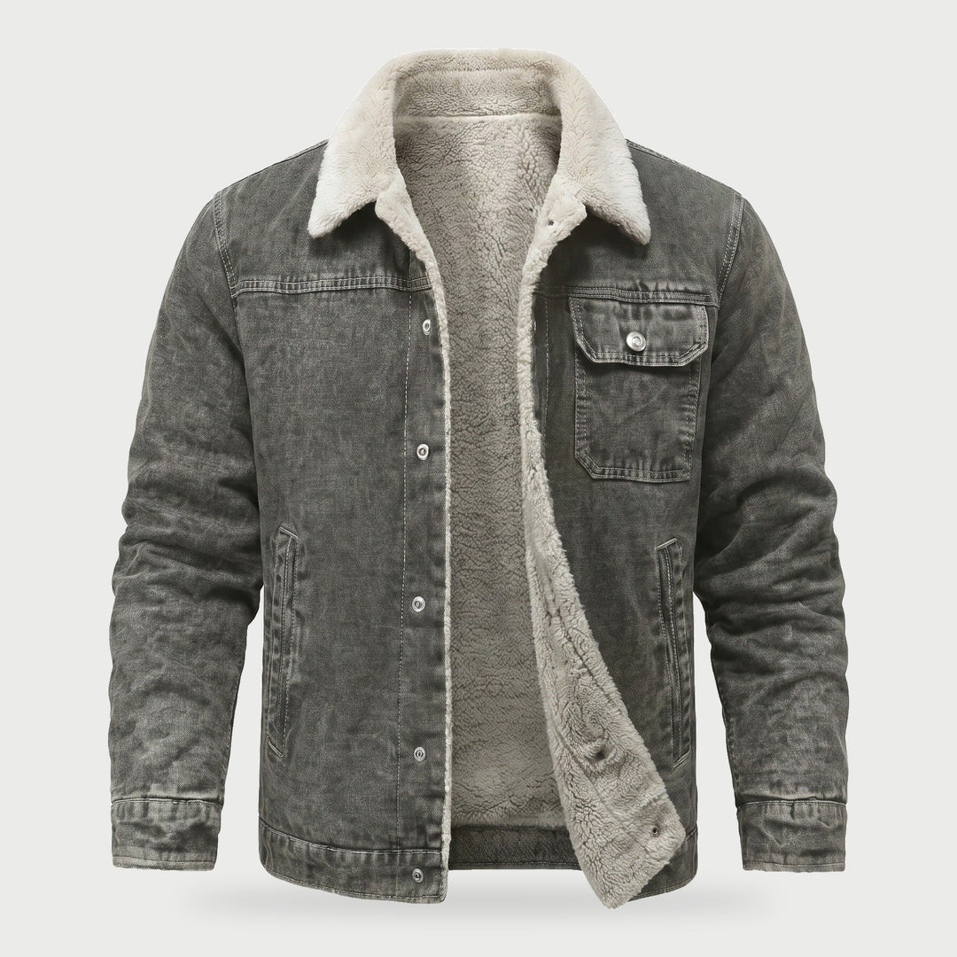 Sherpa lined jean jacket for men in washed gray denim with sherpa collar