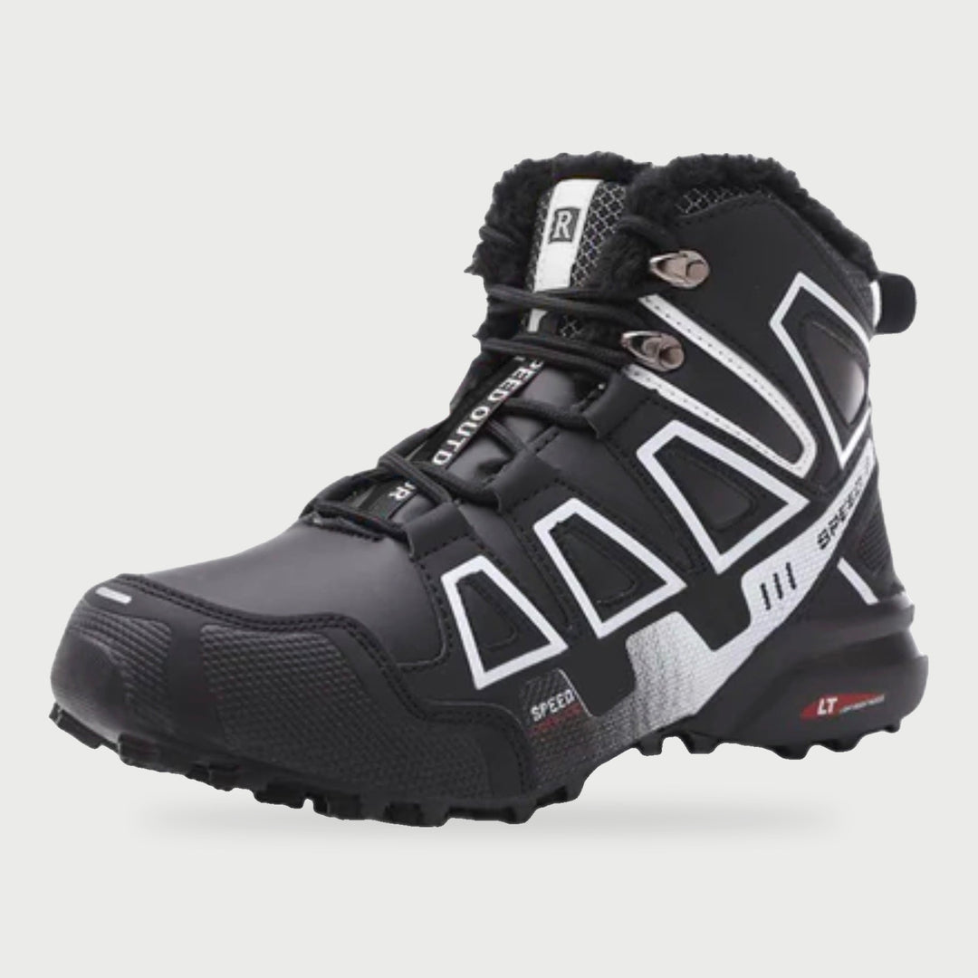Winter hiking boots in Black/White with faux fur collar and treaded sole