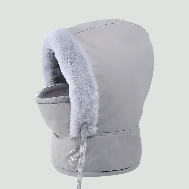 Hooded balaclava padded winter hood with plush trim and face mask in dark gray