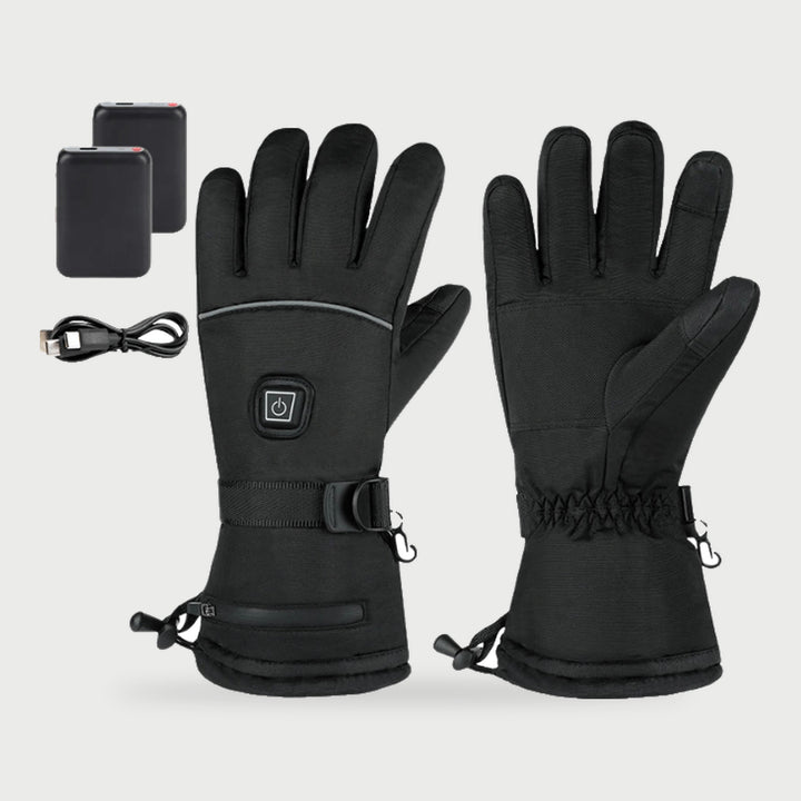Heated ski gloves in Black, shown with USB power banks (not included)