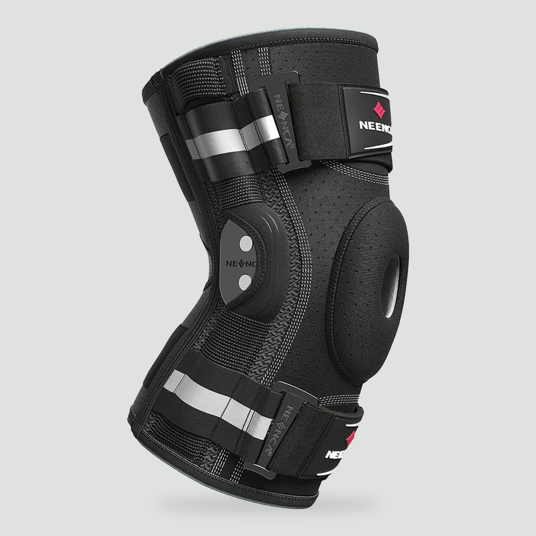 Knee support with side hinges in Black, three-quarter view