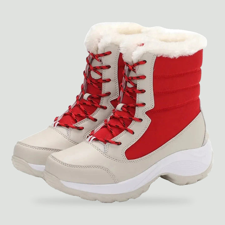 Platform winter boots for women in Red with plush cuff, pair