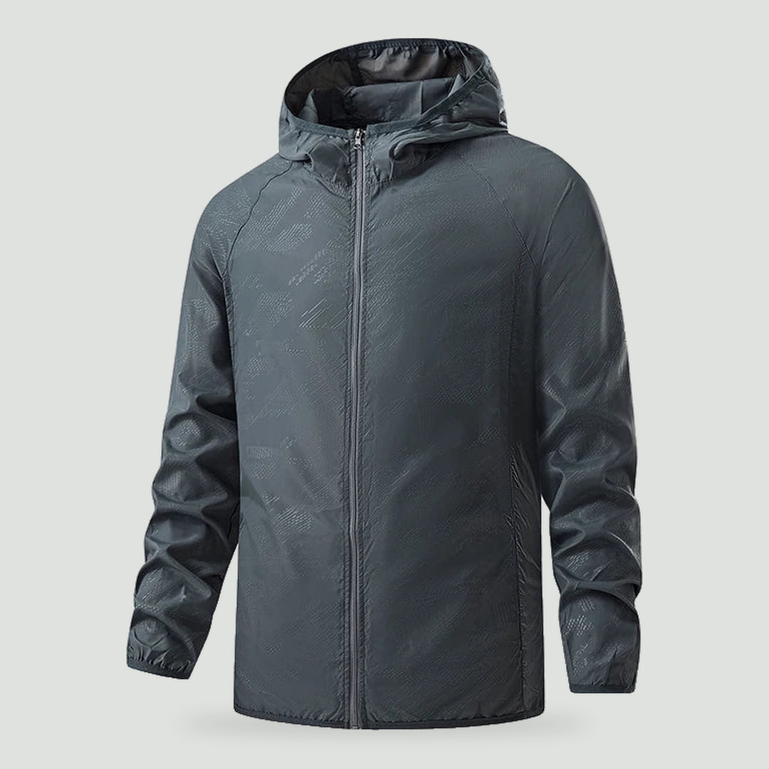 Lightweight rain jacket with hood in Gray, front view