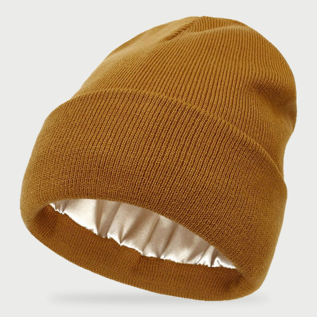 Satin lined beanie in Camel, cuffed rib knit winter hat