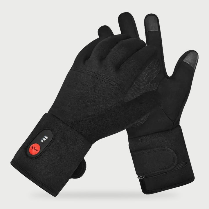 Ultra thin heated glove liners in Black with the cuff heat button