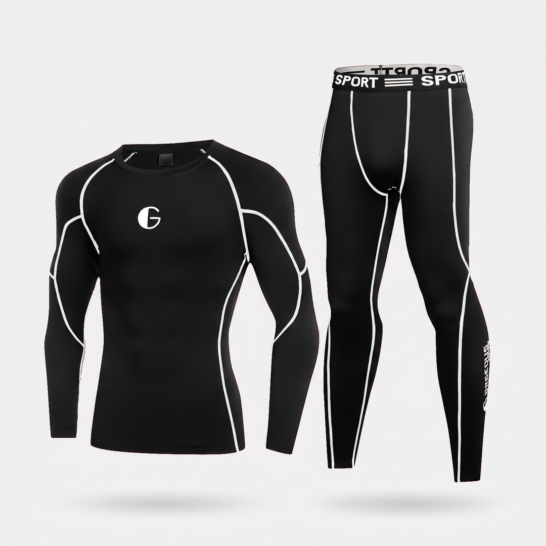 Men's leggings and long sleeve top set in Black/White: skin-tight top and full-length leggings with white contrast piping