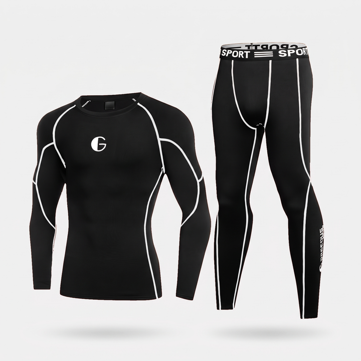 Men's leggings and long sleeve top set in Black/White: skin-tight top and full-length leggings with white contrast piping