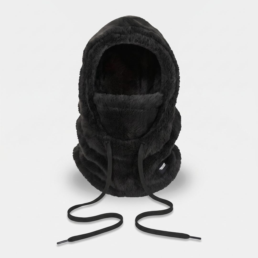 Fleece balaclava hood in Black, front view with the face panel up