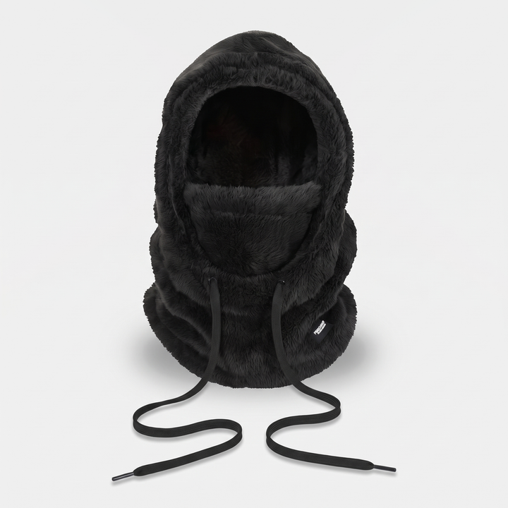 Fleece balaclava hood in Black, front view with the face panel up