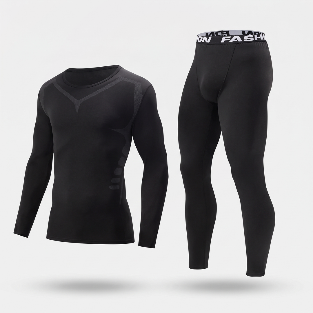 Men's long johns base layer set in Black, long sleeve top and leggings, front view