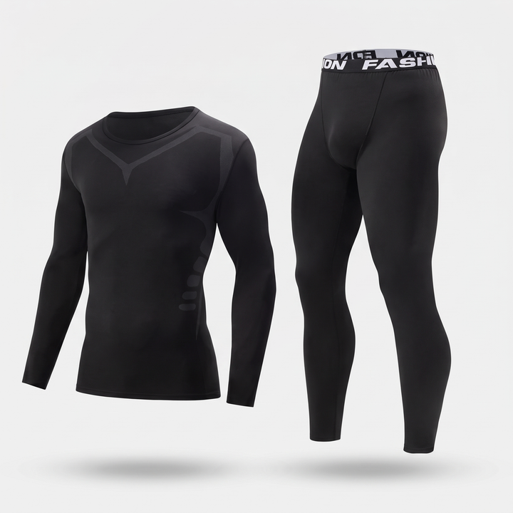 Men's long johns base layer set in Black, long sleeve top and leggings, front view