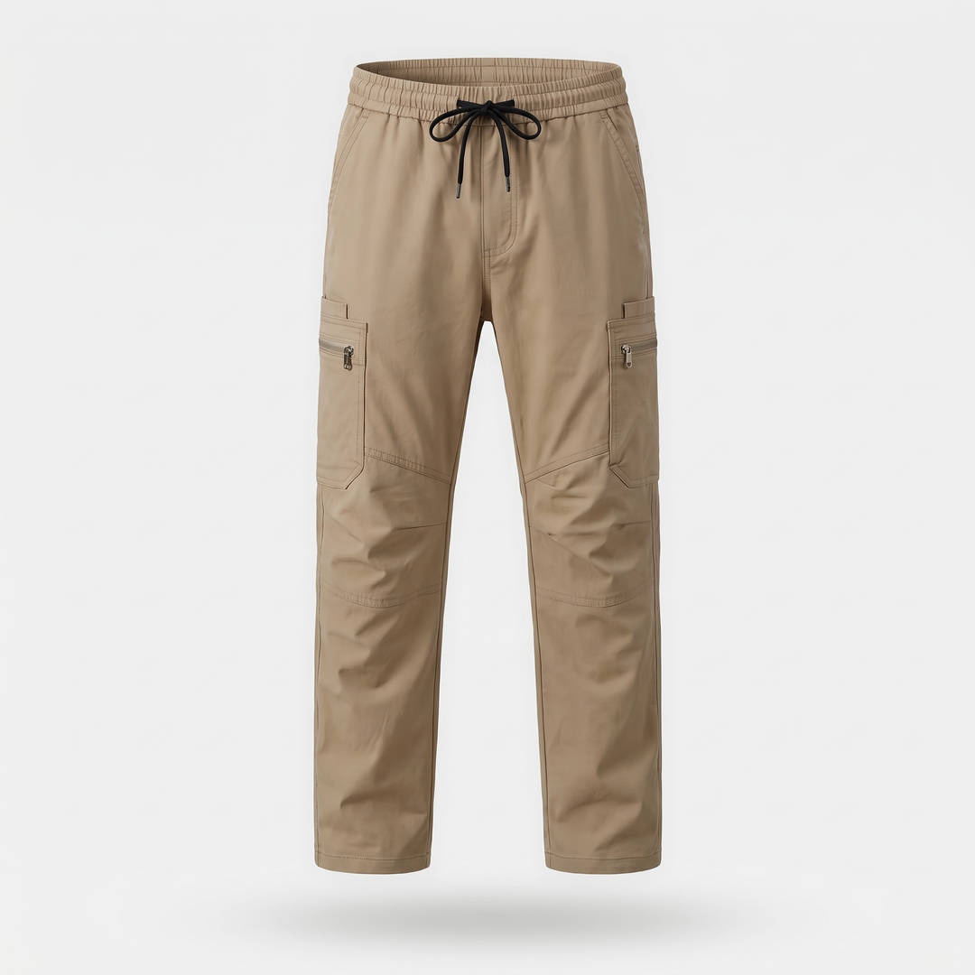 Men's elastic waist cargo pants in Khaki, front view
