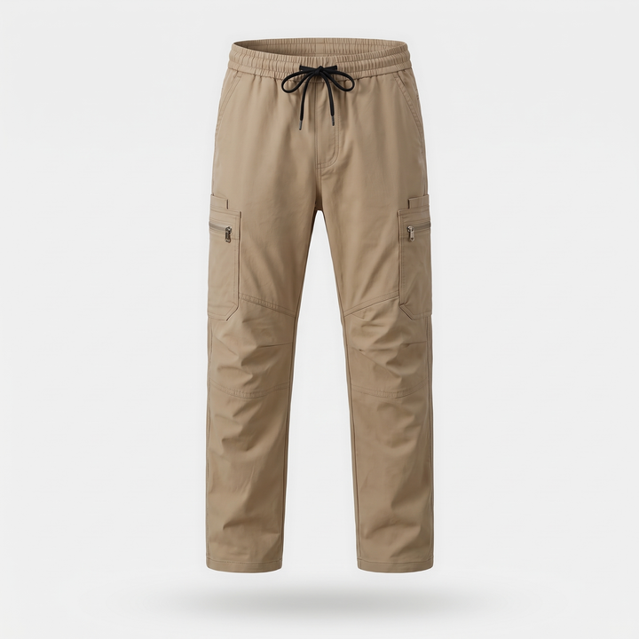Men's elastic waist cargo pants in Khaki, front view