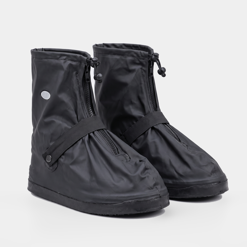 Pair of black zip-up rain shoe covers standing, front zipper, drawstring top and instep strap with snap