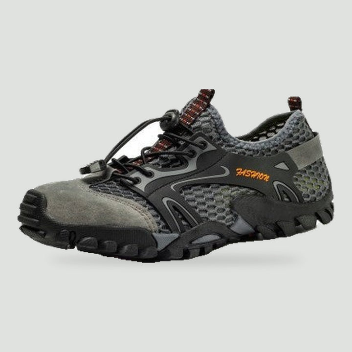 Water hiking shoe with quick dry mesh upper and toggle lace in gray